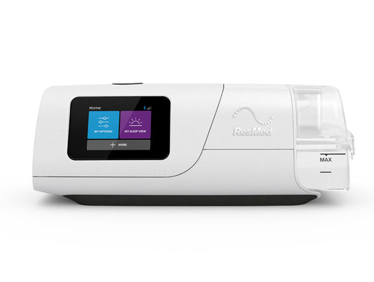 ResMed AirCurve 11 shown from the front with its touchscreen illuminated and at the home screen.