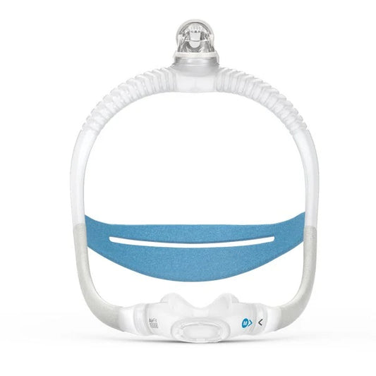 ResMed AirFit N30i nasal cradle mask shown from the front with its top of the head connector and medium nasal cushion.