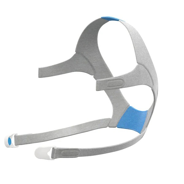 ResMed AirFit F20 full face mask headgear shown with magnetic clips.