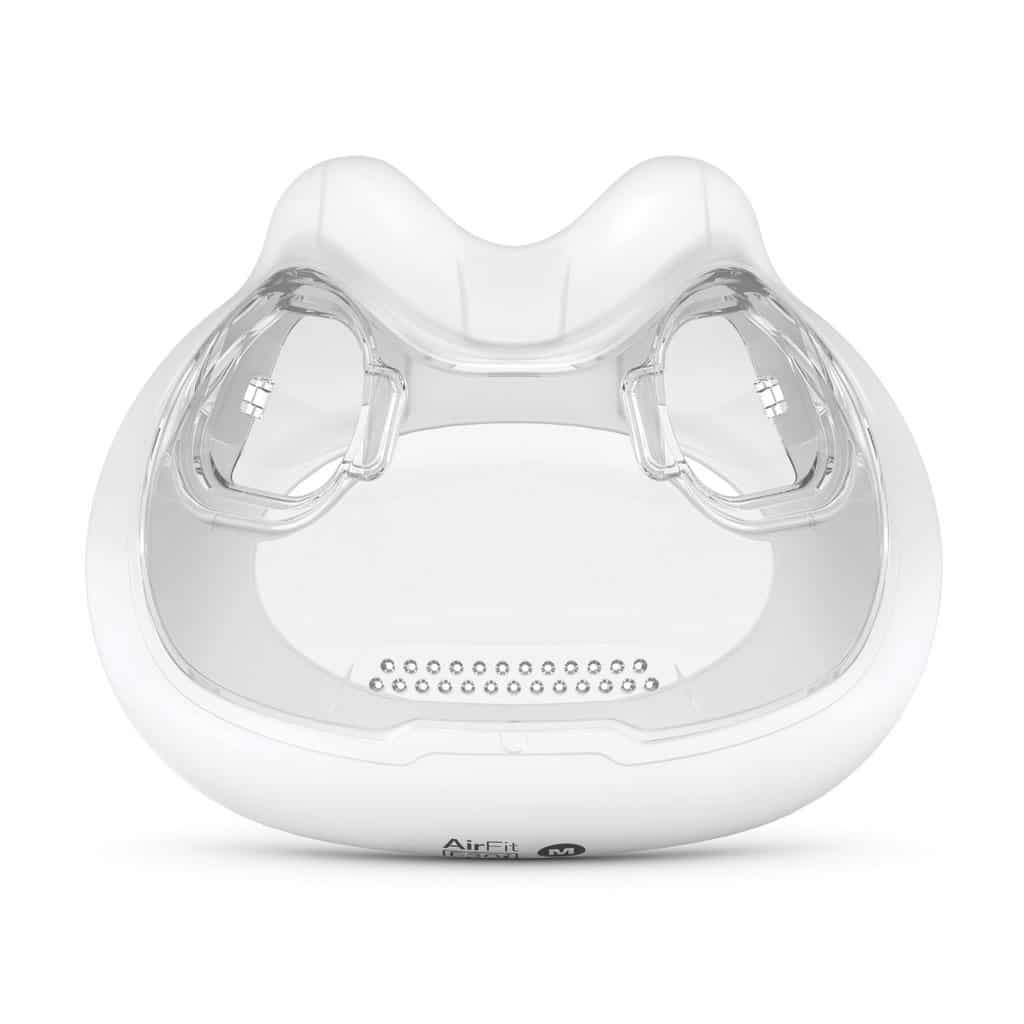AirFit F30i cushion shown from the front with its exhalation port and soft silicone in view.