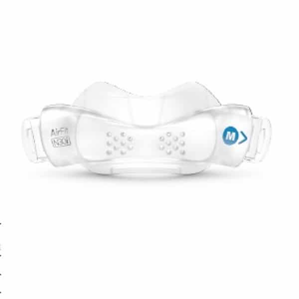 AirFit N30i medium cushion shown from the front the QuietAir™ exhalation port and soft silicone nasal seal.