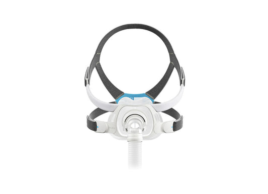 ResMed Airit F40 full face mask system shown from the front with its magnetic clips attached and minimally intrusive design.
