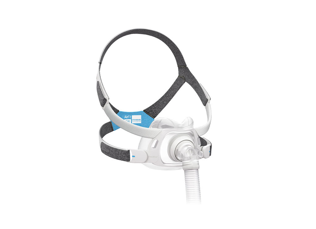 ResMed AirFit F40 full face mask system shown from the right-side with the hose attached and its luxury style.