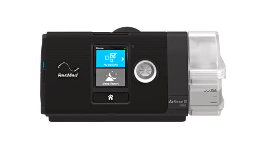ResMed AirSense 10 CPAP machine, shown from the front with its LED screen and control knob.