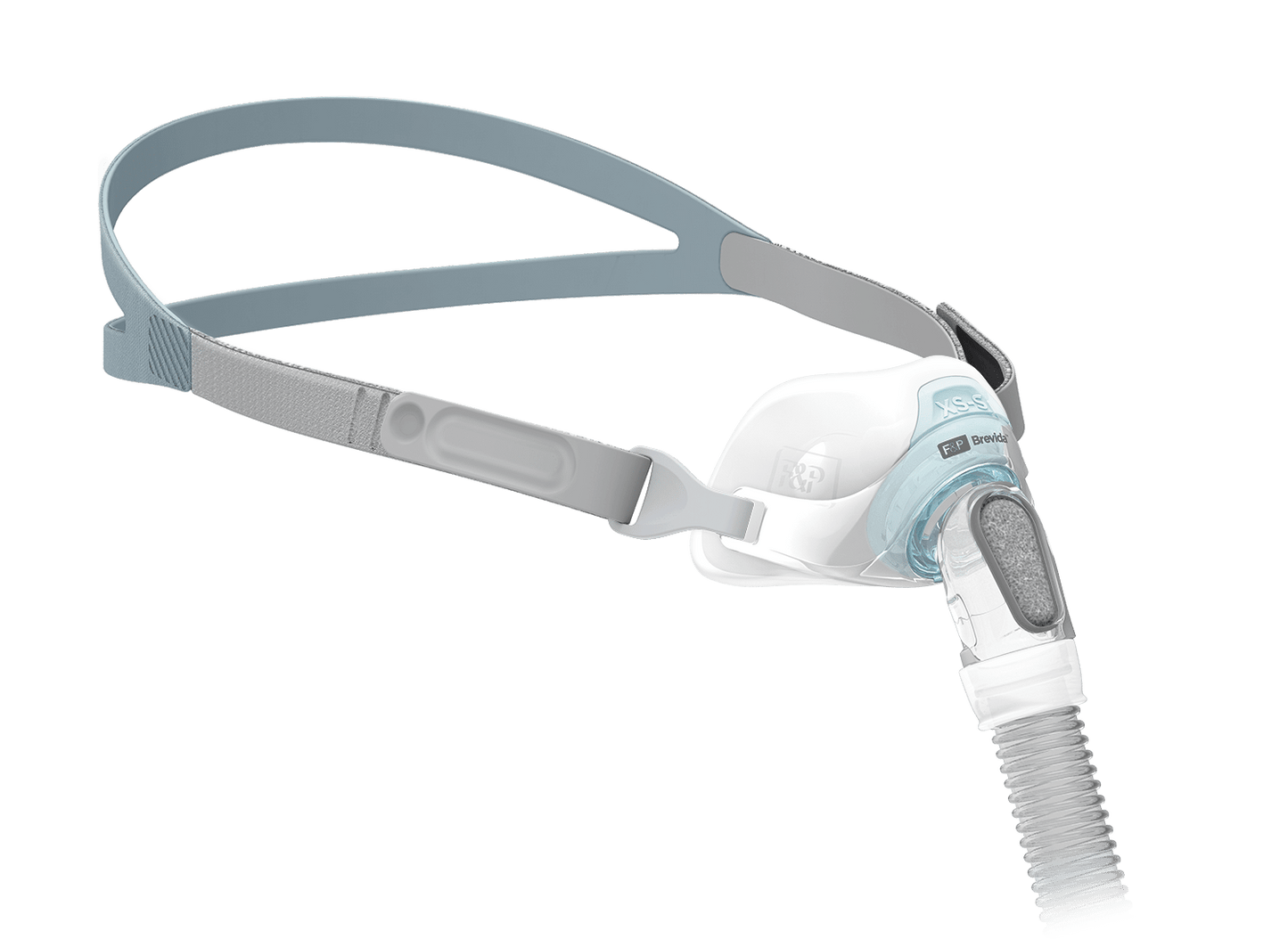 Fisher and Paykel Brevida nasal pillow mask from the side view showing its soft silicone and quiet exhalation port.