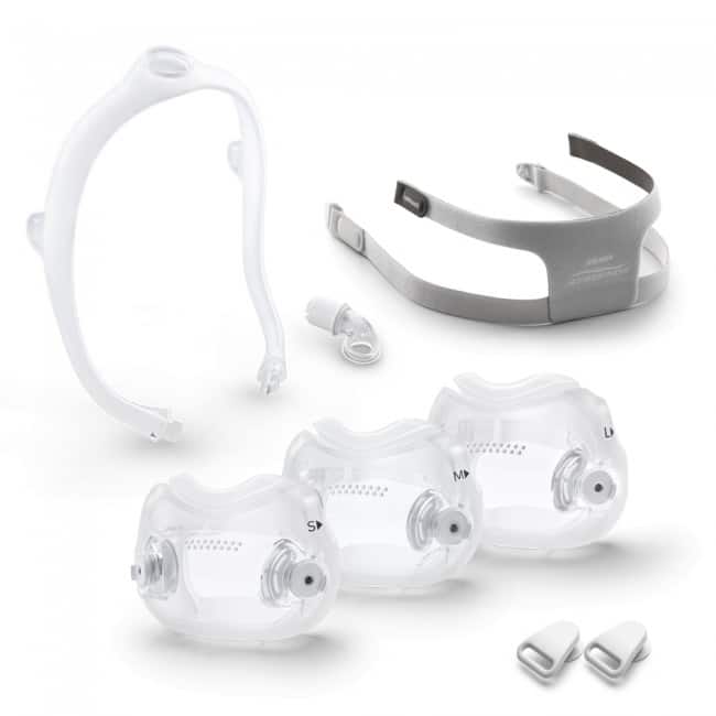 Complete Phillips Respironics Dreamwear full face mask system, disassembled with all parts visible.