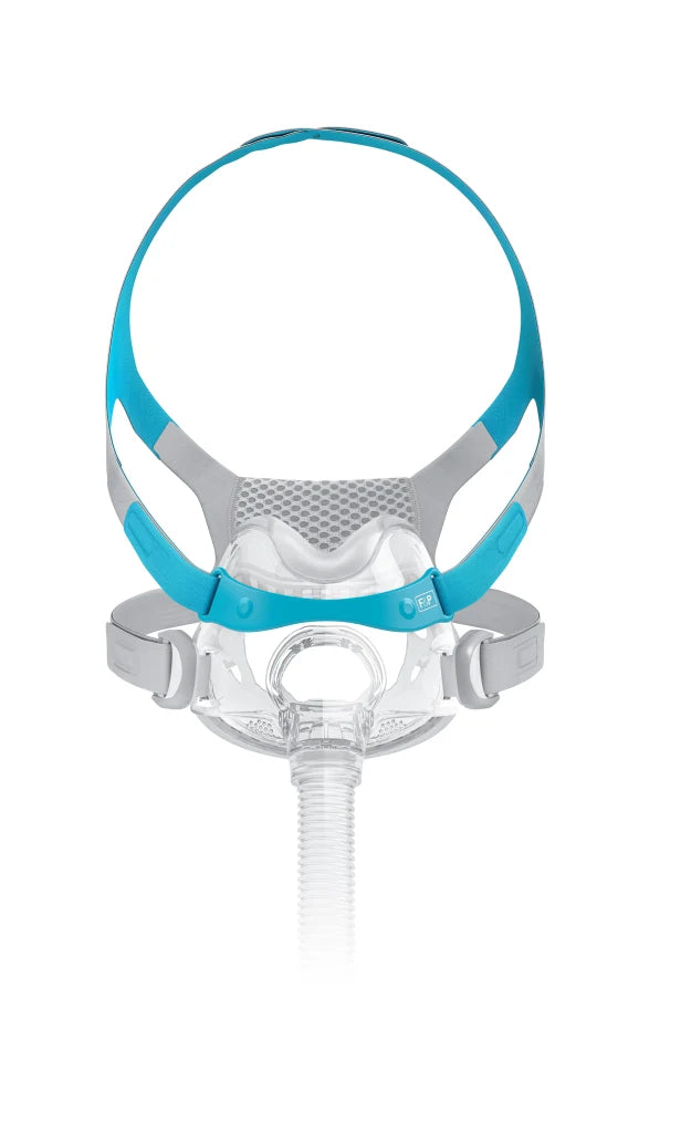Fisher and Paykel Evora Full Face mask shown from the front with headgear attached.