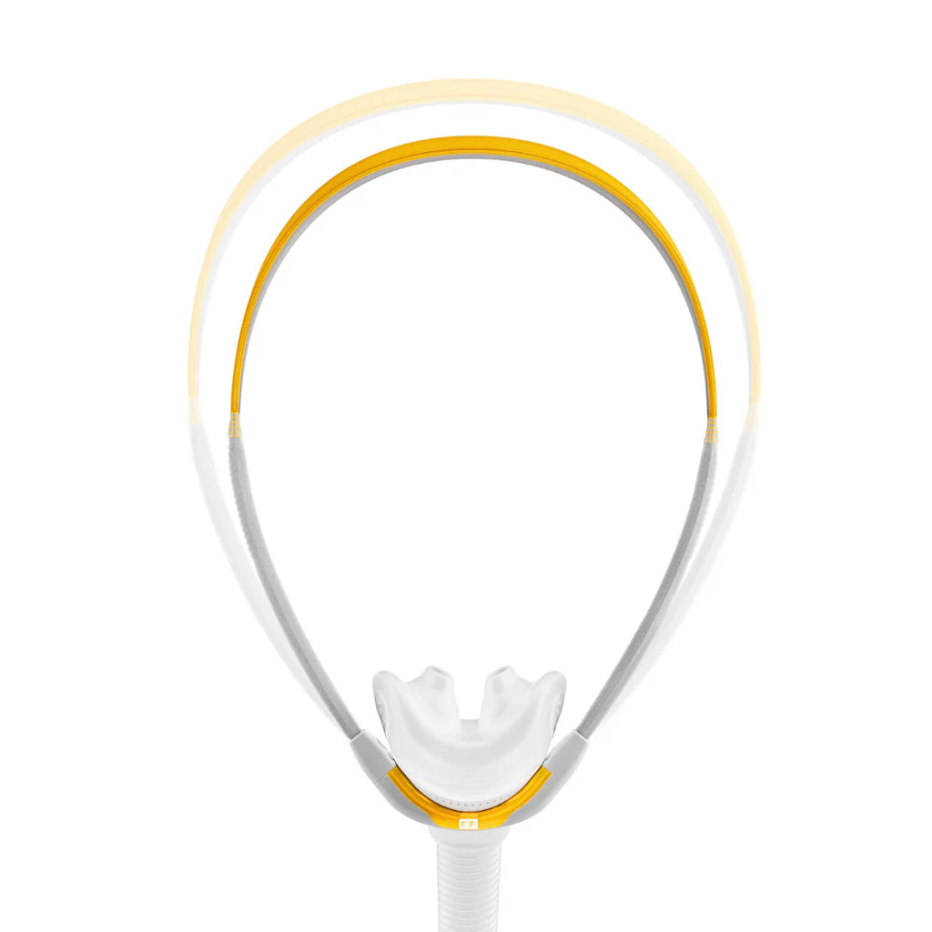 Fisher and Paykel Solo Nasal Pillows Mask shown from the top view with its self-adjusting headgear in view.