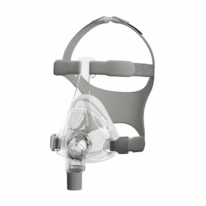 Fisher and Paykel Simplus full face CPAP mask shown from the front with its headgear clips attached.
