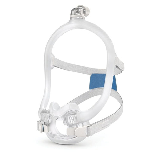 ResMed AirFit F30i full face mask system shown with magnetic clips attached and top-of-the-head attachment to hollow-frame.