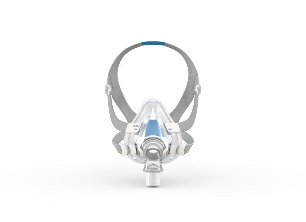 ResMed AirFit F20 full face mask system shown from the front with all components and magnetic straps attached.