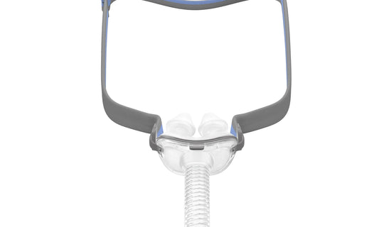 ResMed AirFit P10 nasal pillows full system shown from the front with its headgear attached.