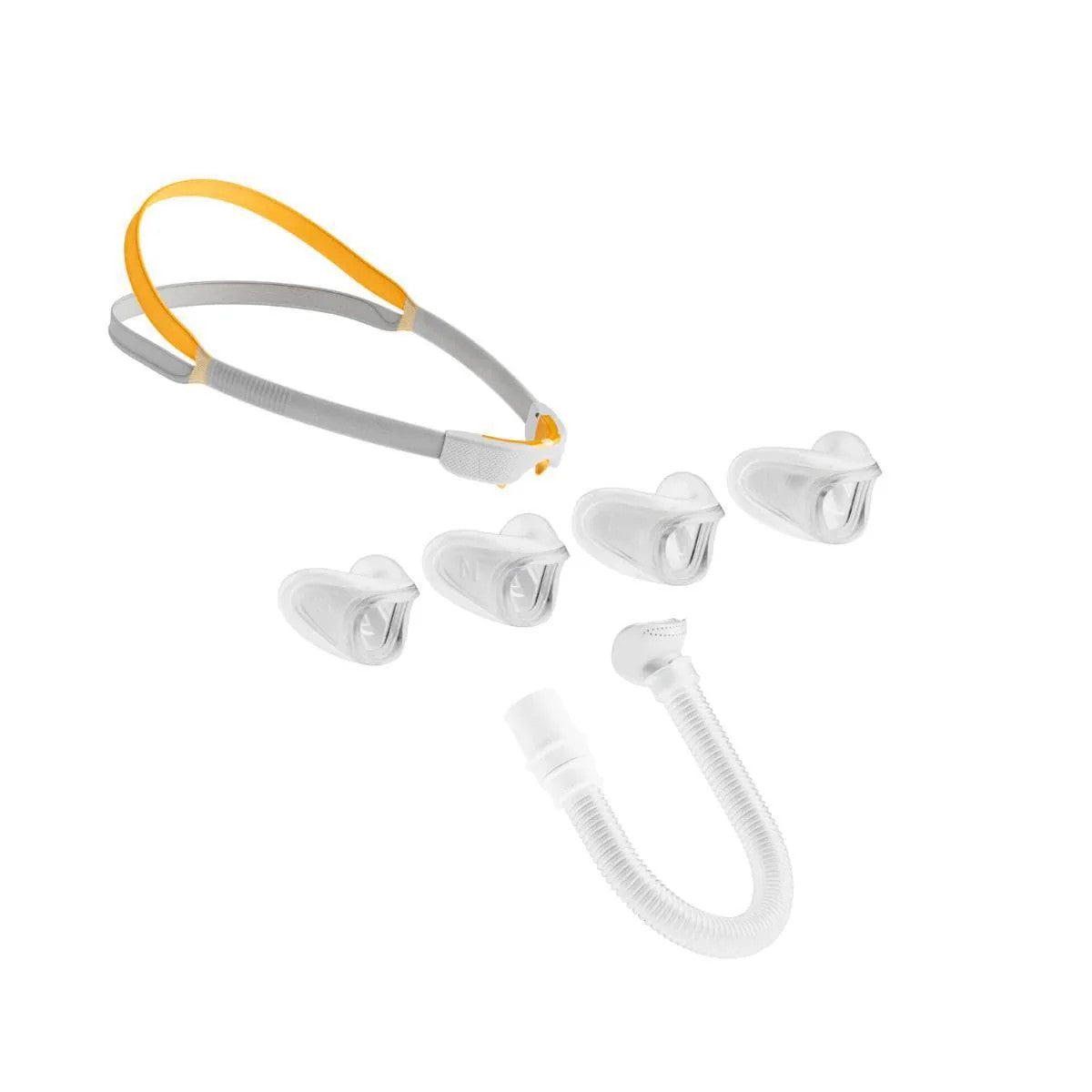 Fisher and Paykel Solo Nasal Mask Cushions x 4 shown along side the headgear and extension tubing as a part of a fit-pack