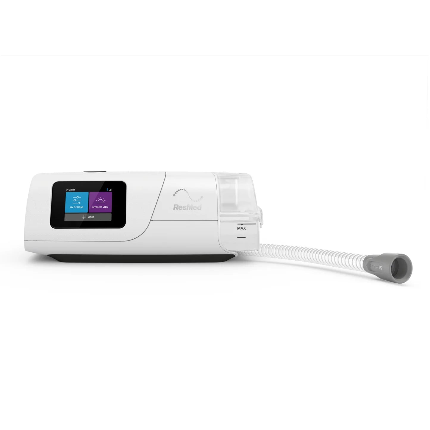 ResMed AirCurve 11 shown from the front with its standard tubing protruding around the machine.