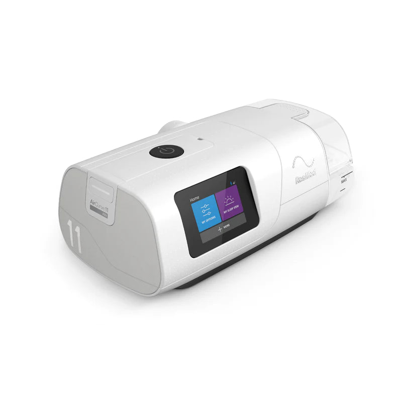 ResMed AirCurve 11 shown from the right side with its touch screen illuminated and the power button available on top.