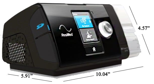 ResMed AirSense 10 AutoSet shown from the side with dimensions.