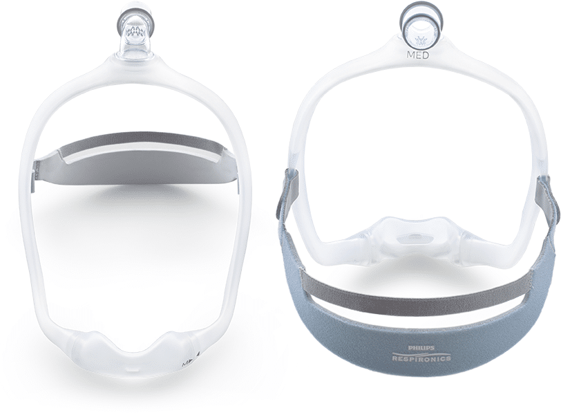 Dreamwear frame with the adjustable headgear attached and shown from both the front and back.