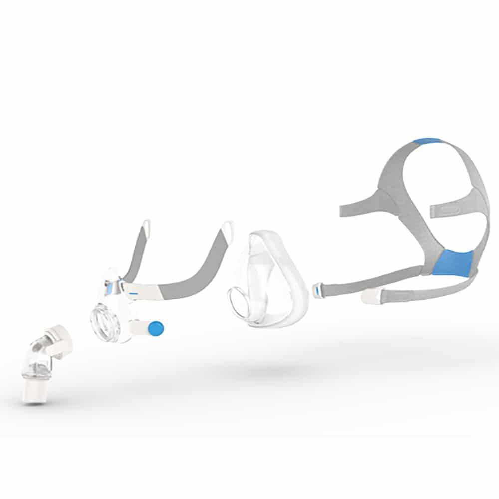 F20 full face mask system disassembled and highlighting the components.