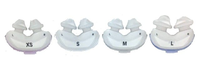 ResMed AirFit nasal pillow replacement cushions from left to right: extra-small, small, medium and large.