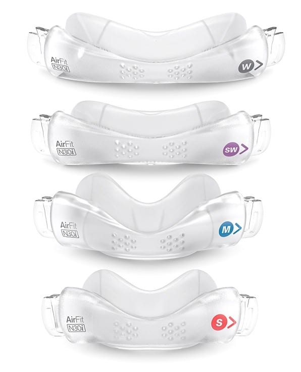 All 4 of the ResMed AirFit N30i nasal cushions are showcased. From top to bottom there is: wide, small wide, medium and small