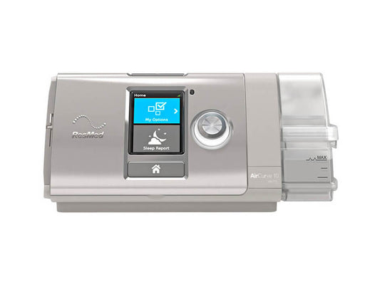 ResMed AirCurve 10 VAuto BiLevel machine for sleep apnea shown from the front with its LED screen on