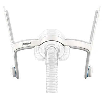 ResMed AirFit N20 cushion connected to its compatible frame without the headgear - showing its replacement parts and compatibility. 