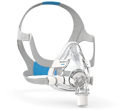 ResMed AirFit F20 full face mask system shown from the front with headgear attached.