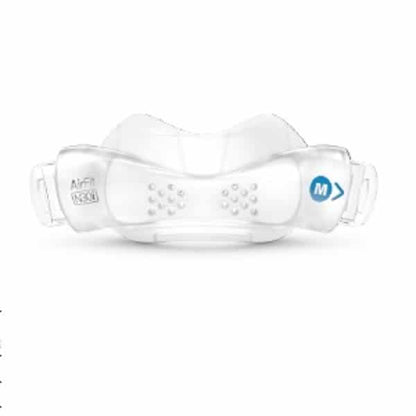 AirFit N30i medium cushion shown from the front the QuietAir™ exhalation port and soft silicone nasal seal.