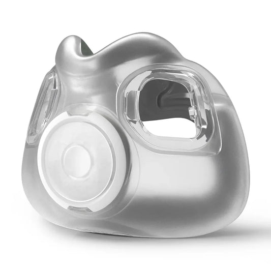 AirTouch F30i Comfort cushion by ResMed shown from the front, highlighting its QuietAir™ venting.