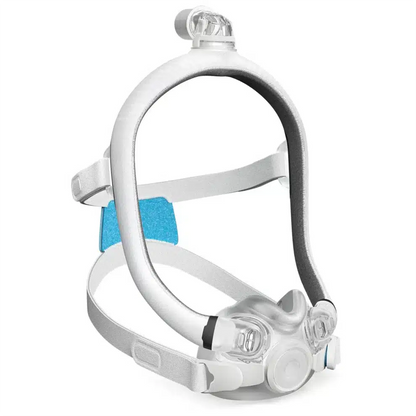AirTouch F30i by ResMed shown assembled with the headgear, top-of-the-head tube connection and AirTouch cushion.