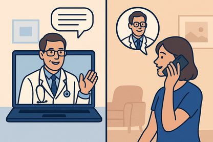Infographic picturing Canadian CPAP Equipment virtual doctor consultation options; either over the phone or video.