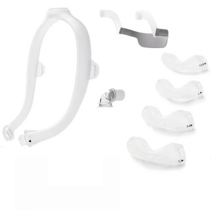 Dreamwear under the nose by Respironics showing all of the parts included in the fit pack