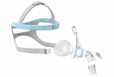 Fisher & Paykel Eson 2 nasal CPAP mask disassembled showing all of its parts for easy resupply.