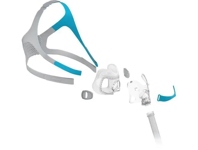 Evora Full-face CPAP mask disassembled for easy replacement identification. 