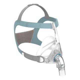 Fisher and Paykel Vitera Full face CPAP mask shown from the side with its breathable headgear and multiple points of attachment to create a good seal.