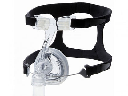 FlexiFit 407 nasal mask by Fisher and Paykel front view with headgear straps attached.