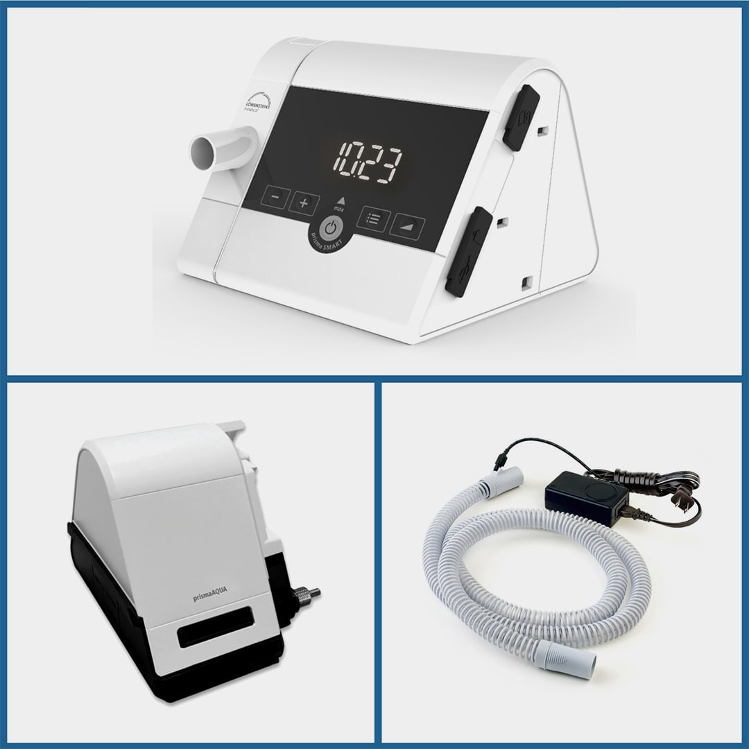 Top image: Löwenstein CPAP/APAP device highlighting the front screen, side ports, and hose connections. Bottom left: PrismaAQUA humidifier unit. Bottom right: CPAP tubing and power cord.