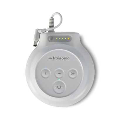 Transcend PowerAway Micro Battery pack with Transcend Micro APAP Machine in use with view from the top showing the 4 buttons on top and the cord out the back