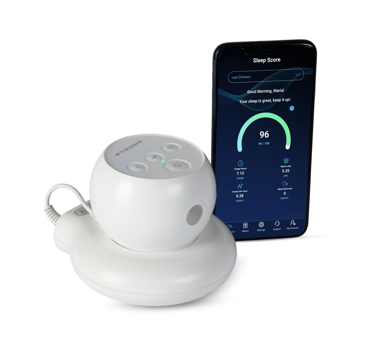 Transcend Micro APAP Machine plugged in to Transcend PowerAway Battery with a phone beside the devices showing the integrated MySleepDash™ App