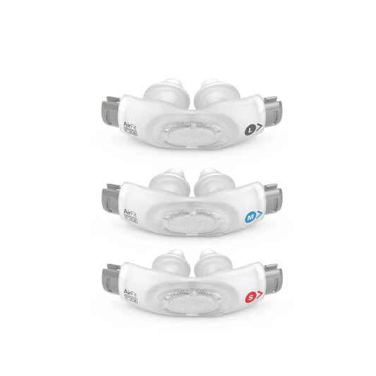 ResMed AirFit P30i nasal pillow cushions in three sizes (Large, Medium, and Small) shown side by side to highlight the size differences and color-coded labels.