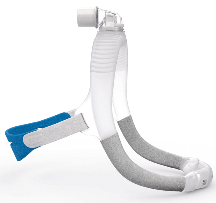 ResMed AirFit P30i nasal pillow CPAP mask, side view, showing lightweight design and flexible headgear