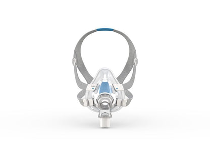 ResMed AirFit F20 full face mask system shown from the front with all components and magnetic straps attached.