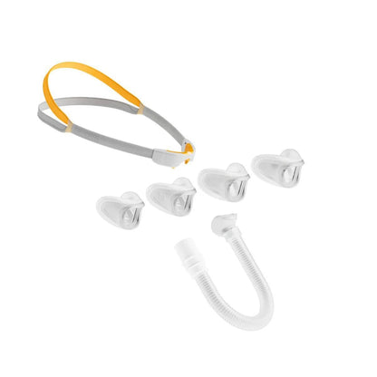 Fisher and Paykel Solo Nasal Mask Cushions x 4 shown along side the headgear and extension tubing as a part of a fit-pack