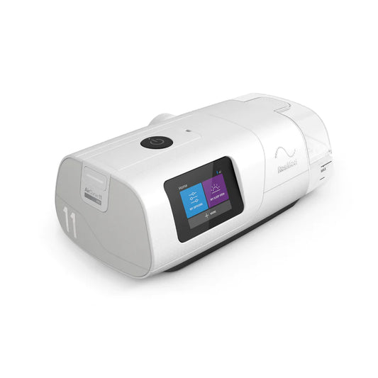 ResMed AirCurve 11 shown from the right side with its touch screen illuminated and the power button available on top. 