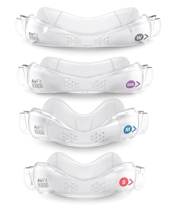 All 4 of the  ResMed AirFit N30i nasal cushions are showcased. From top to bottom there is: wide, small wide, medium and small